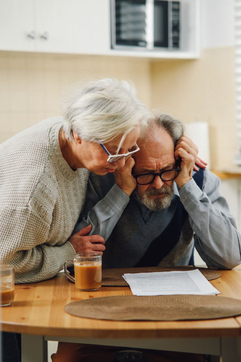 Older homeowners reviewing important mortgage documents together at their kitchen table