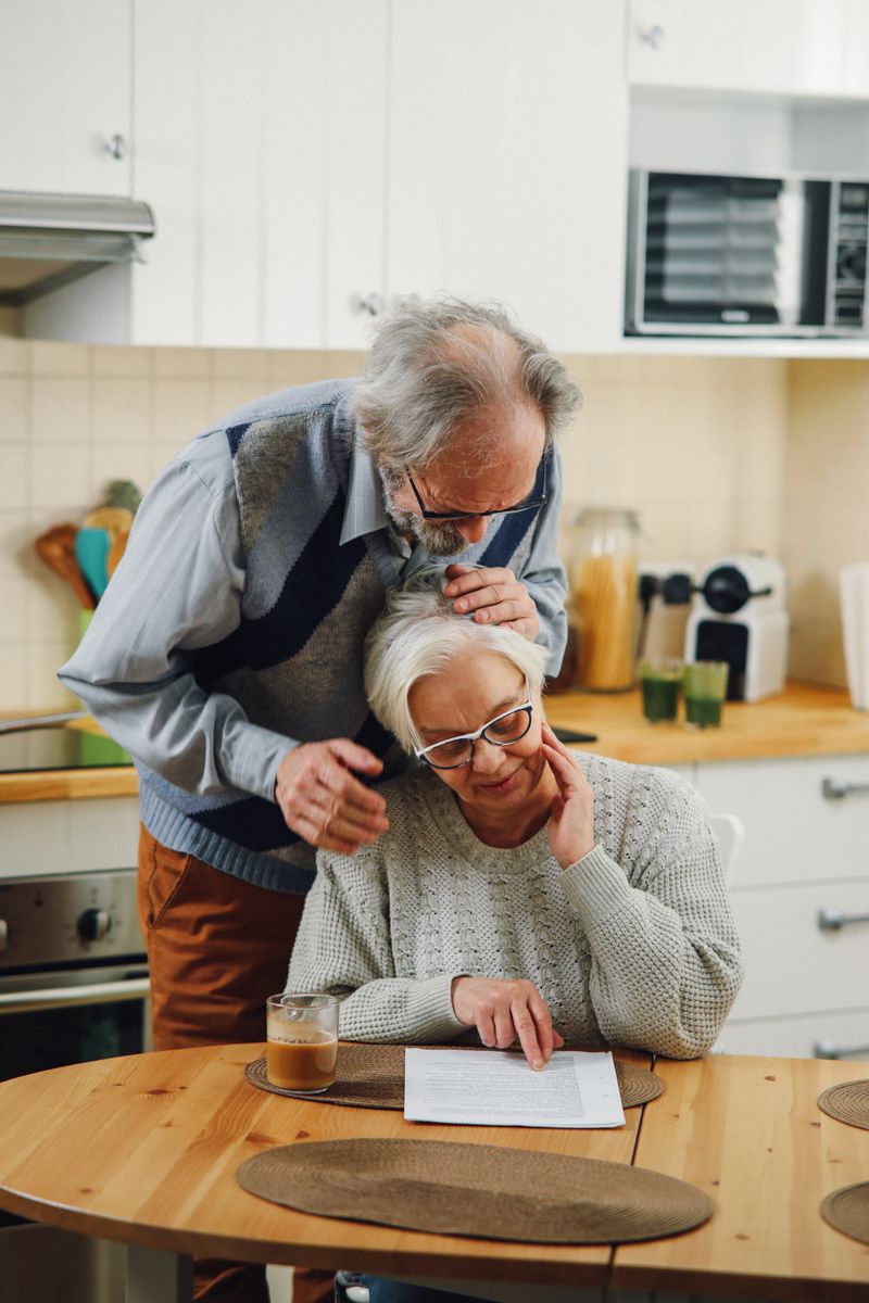Older homeowners carefully reading mortgage paperwork together